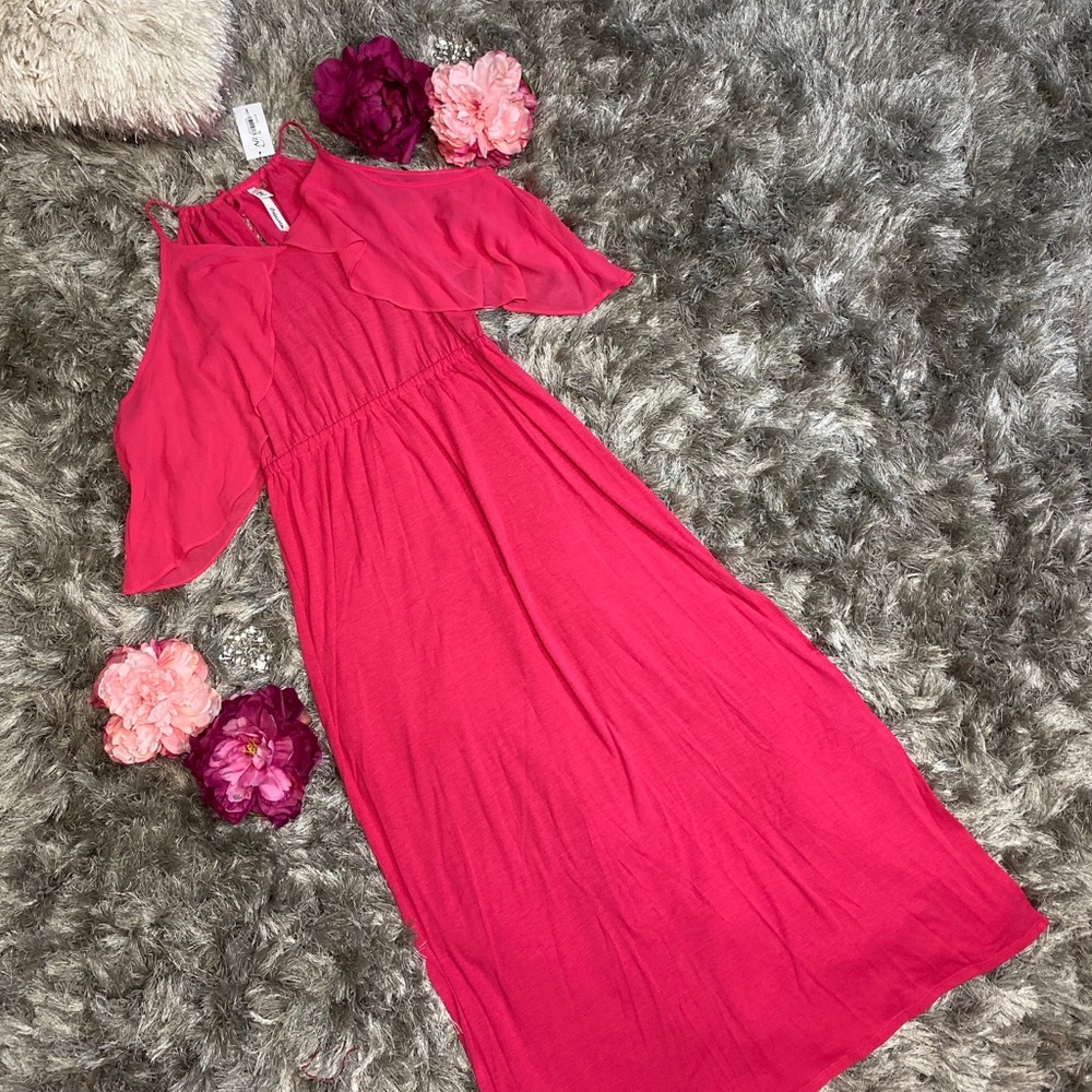 NY Collection Hot Pink Maxi Dress with Cold-Shoulder Neckline